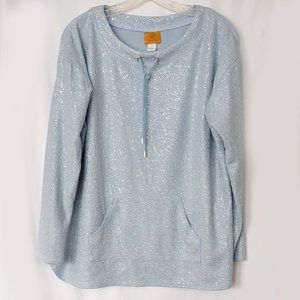 Ruby Rd Light Blue Silver Metallic Sweatshirt Pullover Tunic Top L Large EUC